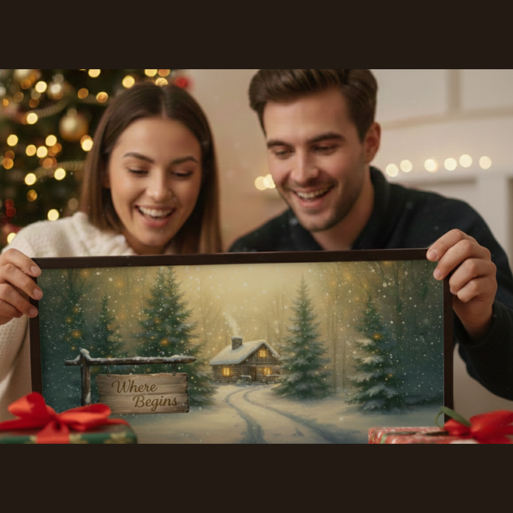 Winter Woods Cabin Canvas – "Home Begins Here" Stretched Matte Wall Art