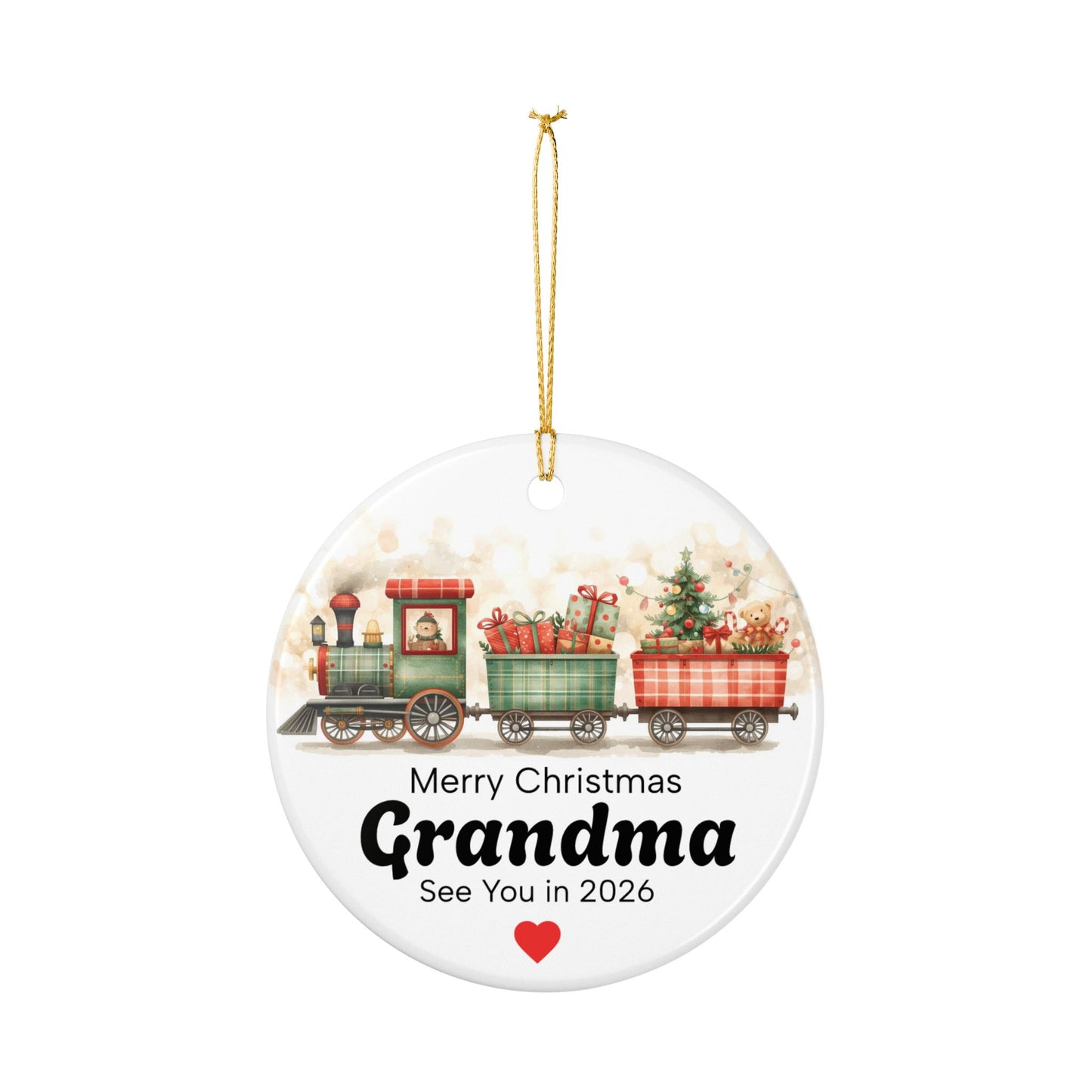 Merry Christmas Grandma Ceramic Ornament | Train with Gifts and Tree