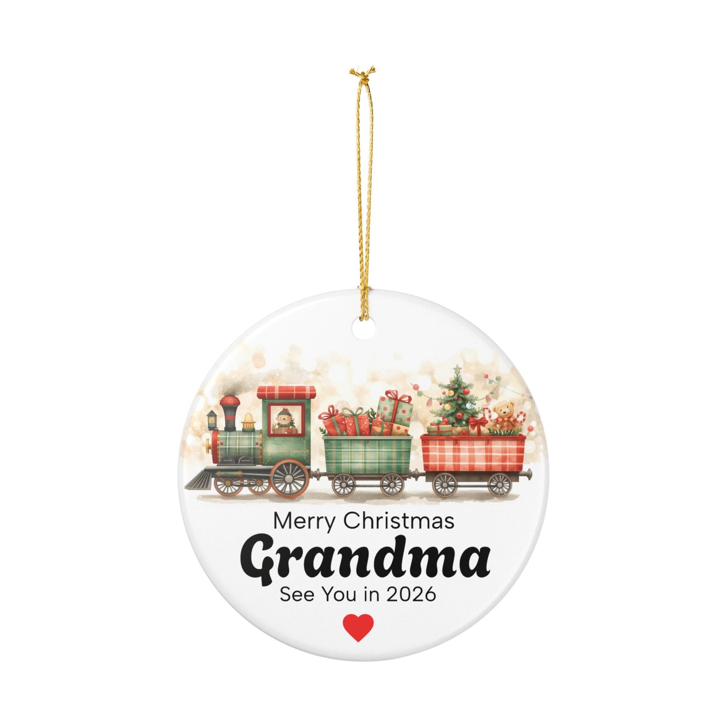 Merry Christmas Grandma Ceramic Ornament | Train with Gifts and Tree
