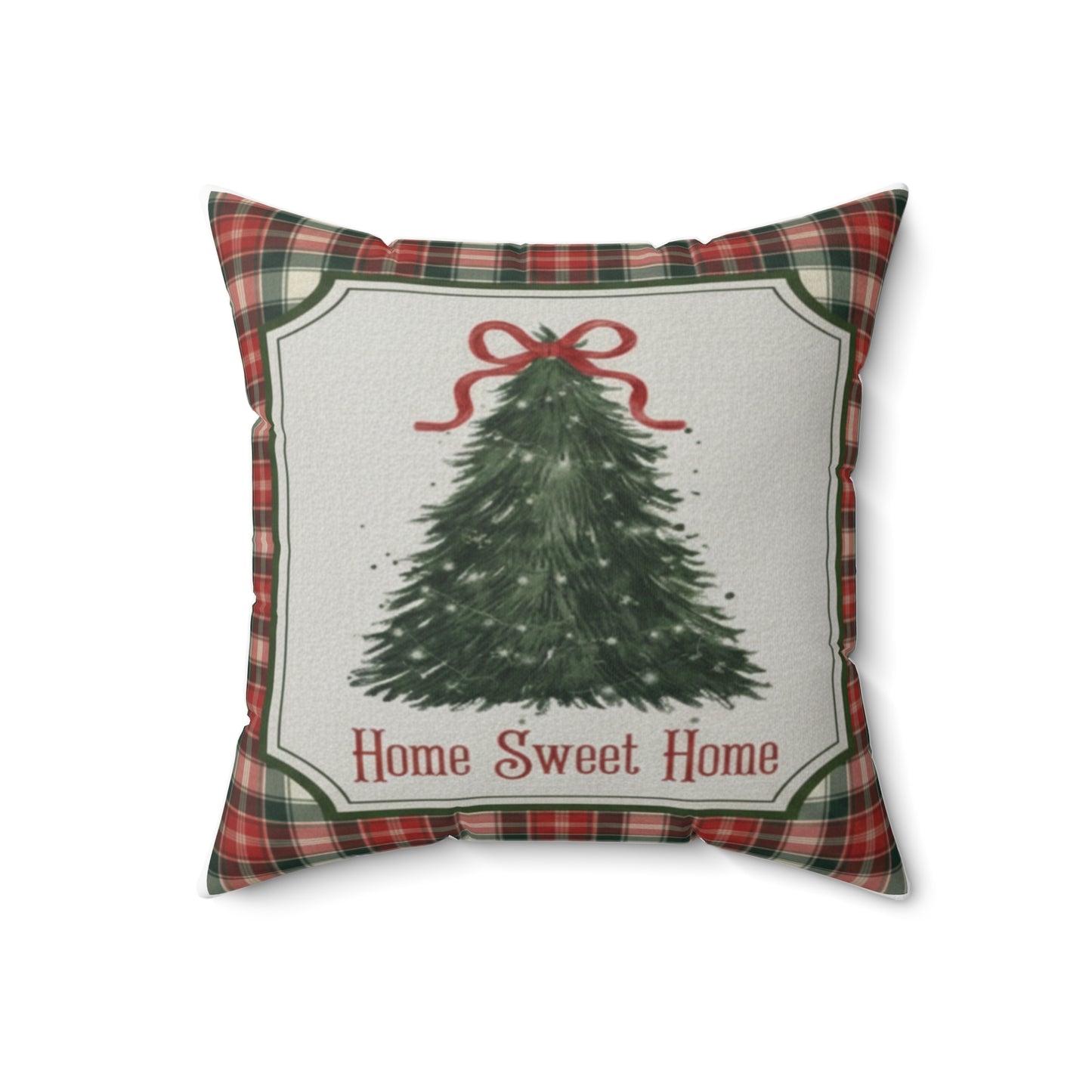 Cozy Plaid Christmas Throw Pillow | Home Sweet Home Christmas Tree Accent Pillow | Rustic Farmhouse Holiday Decor