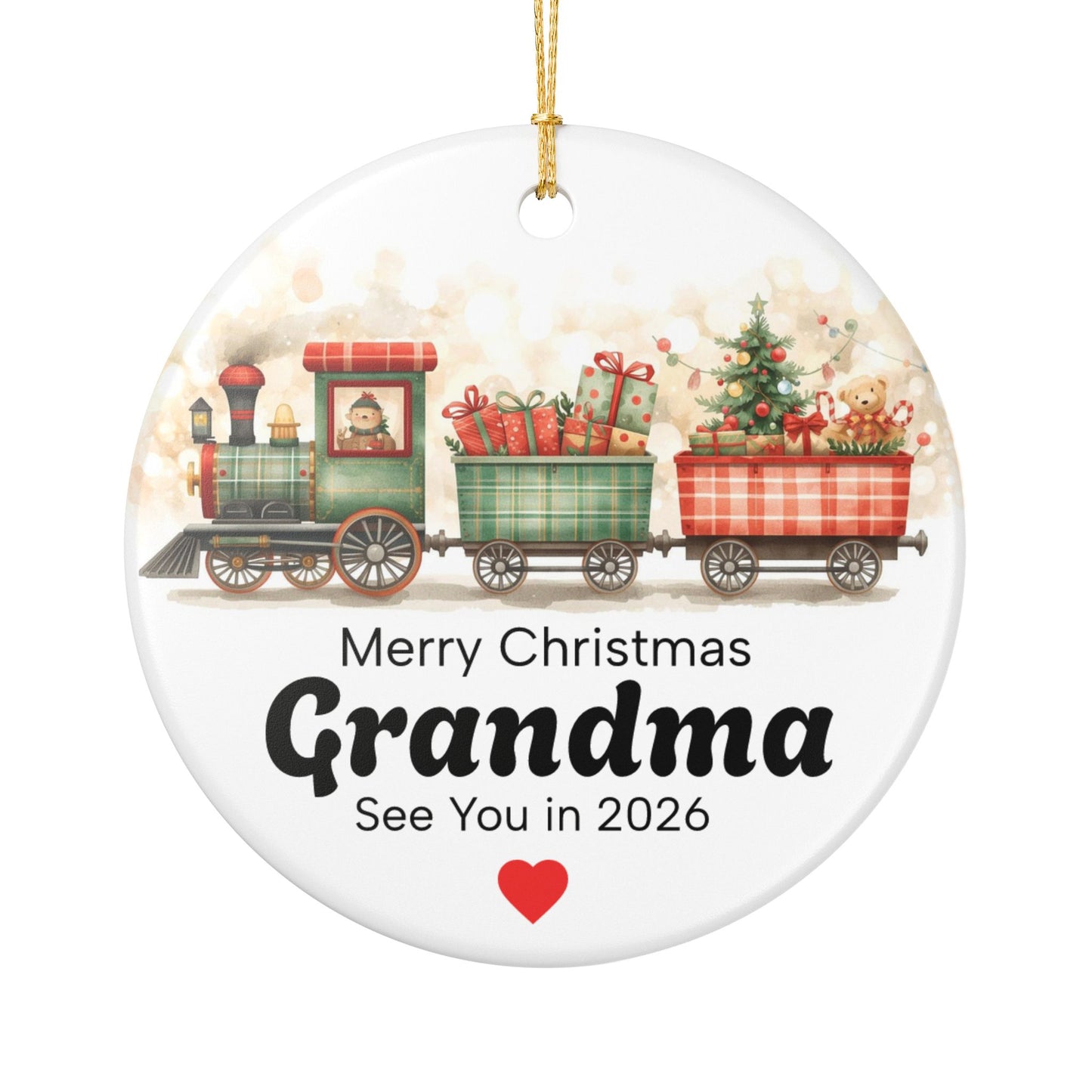 Merry Christmas Grandma Ceramic Ornament | Train with Gifts and Tree