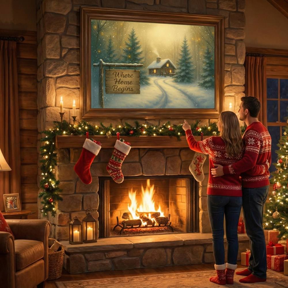 Winter Woods Cabin Canvas – "Home Begins Here" Stretched Matte Wall Art