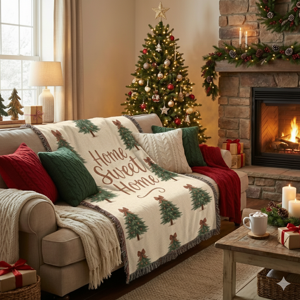 Holiday Throw Blanket — "Home Sweet Home" Christmas Tree Woven Blanket