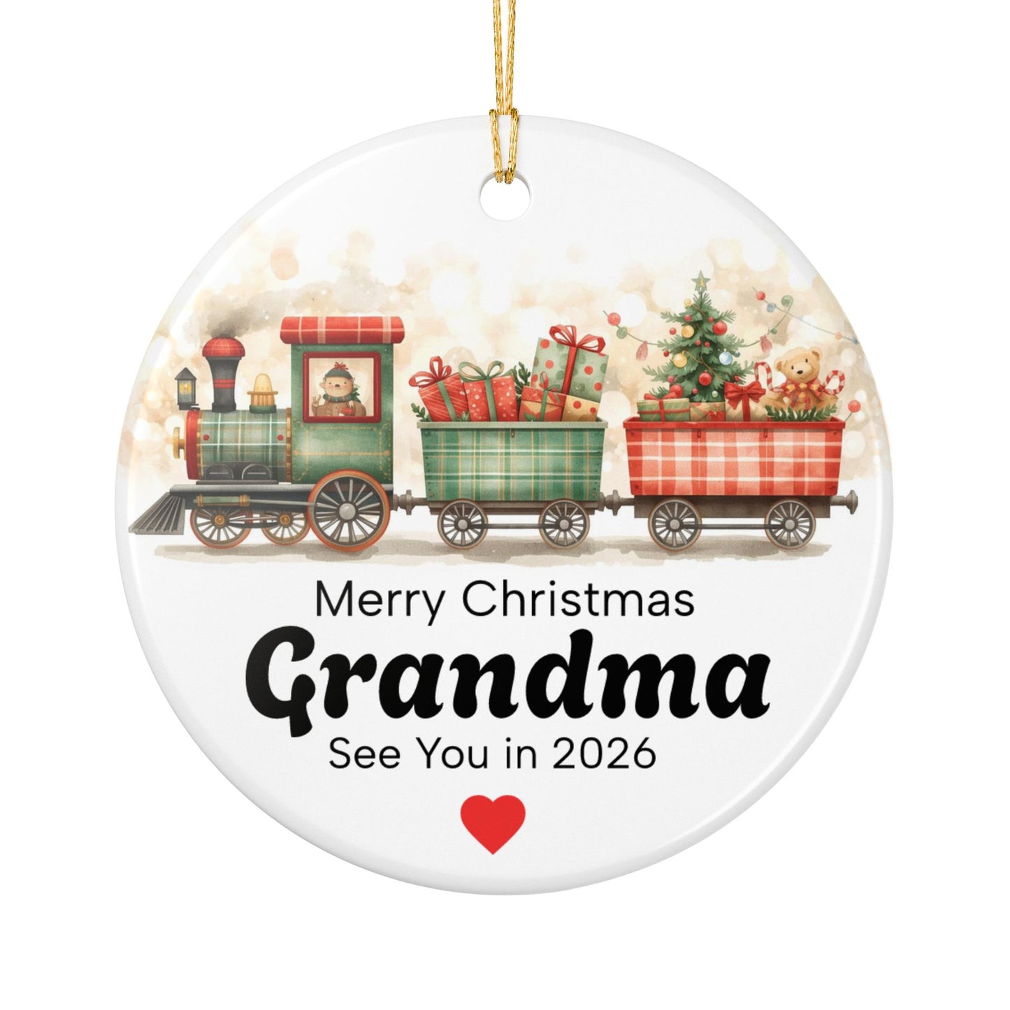 Merry Christmas Grandma Ceramic Ornament | Train with Gifts and Tree