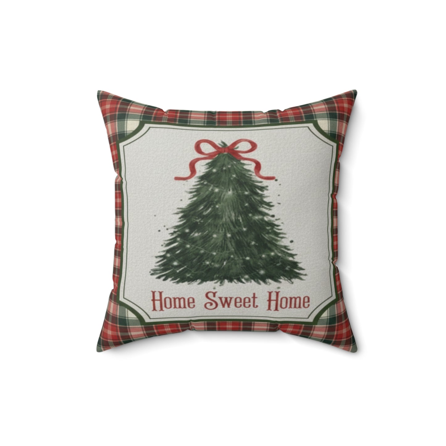 Cozy Plaid Christmas Throw Pillow | Home Sweet Home Christmas Tree Accent Pillow | Rustic Farmhouse Holiday Decor