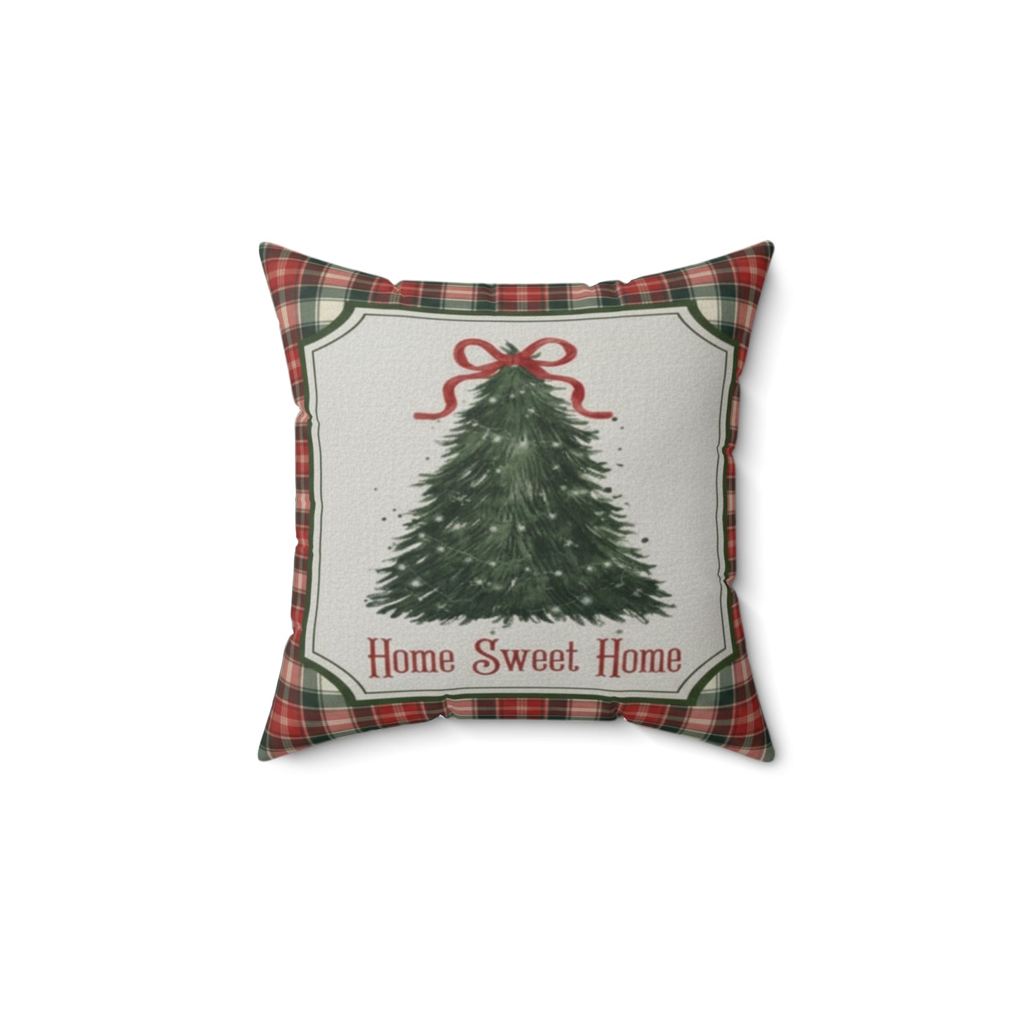 Cozy Plaid Christmas Throw Pillow | Home Sweet Home Christmas Tree Accent Pillow | Rustic Farmhouse Holiday Decor