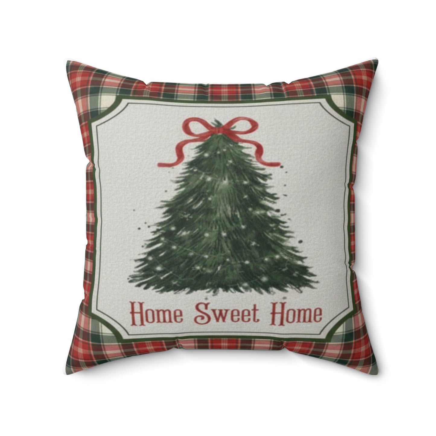 Cozy Plaid Christmas Throw Pillow | Home Sweet Home Christmas Tree Accent Pillow | Rustic Farmhouse Holiday Decor